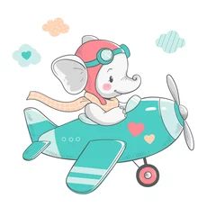 Poster Schattige dieren Vectorillustratie van een schattige babyolifant, vliegen op een groen vliegtuig.