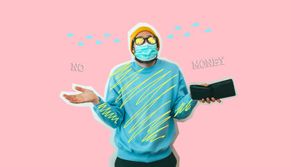 Male hipster entrepreneur lost his business and shows an empty wallet. He has no money to live on. Collage in magazine style. Modern design, creative artwork