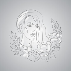 Young woman face with flowers line drawing. Flower bouquet. Minimalist hand draw artwork