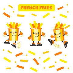 Cartoon character paper glass with potato fries. Set of funny fast food stickers. French fries. Isollated on white.