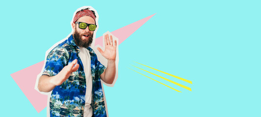Funny adult man standing kung-fu karate pose and ready to attack. Collage in magazine style . Flyer with trendy colors, copyspace for ad. Discount, sale, season sales. Modern design, creative artwork