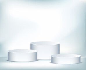  Realistic vector cylindric podium for your product design. Template contains three empty stages and light effects