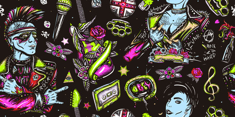 Obraz premium Punker with mohawk, electric guitar, gothic rock girl. Vector illustration. Punks lifestyle. Hooligans. Anarchy art. Music concept. Seamless pattern. Hard rock culture musical background