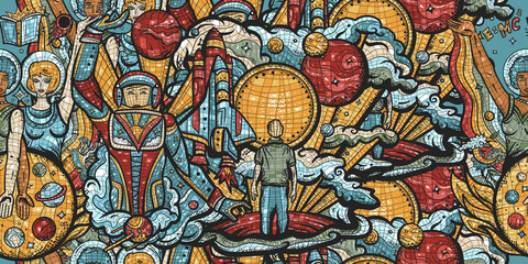 Universe. Seamless pattern. Multicultural people study of deep space. Space program of America and China. Retro Soviet Union mosaic background. Astronaut, spacecraft, scientists and dreamer