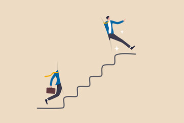 Shortcut for business success, stairway or step to career growth, get rich fast or strategy to achieve target concept, smart confidence businessman climbing up stair with special shortcut to success.