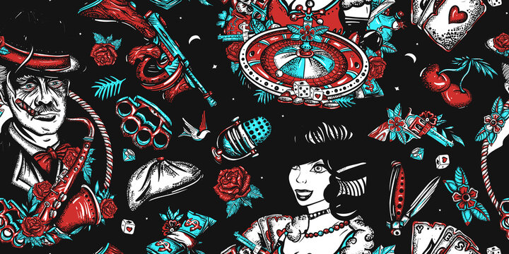 Criminal, old movie background. Gangsters seamless pattern. Crime night casino noir. Seamless pattern. Boss plays saxophone, bandits weapons, croupier, pin up girl. Traditional graphic style