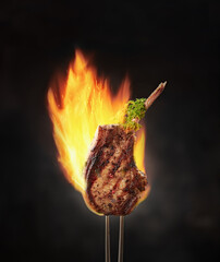 Grilled pork meat with flame in background