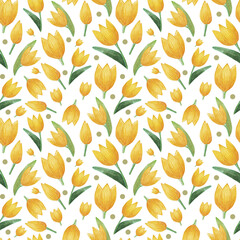 Fototapeta premium Watercolor pattern with yellow tulips. Spring bunch of flowers.