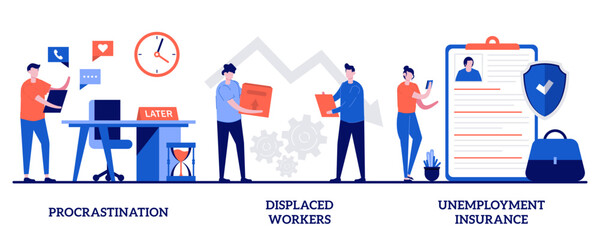 Procrastination, displaced workers, unemployment insurance concept with tiny people. Business termination vector illustration set. Professional burnout, lost job position, claim form metaphor