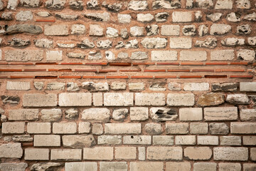 Old wall built of brick and stone, historic background