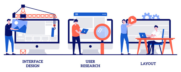 Interface design, user research, layout concept with tiny people. User interface development abstract vector illustration set. Landing page, responsive design, usability test, online survey metaphor