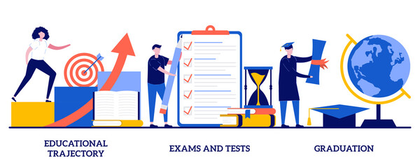 Educational trajectory, exams and tests, graduation concept with tiny people. Personal growth abstract vector illustration set. Knowledge check, academic certificate metaphor