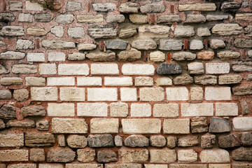 Old wall built of brick and stone, historic background