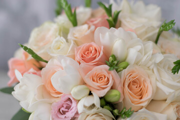 Delicate blossoming roses and blooming flowers festive background, pastel and soft bouquet floral card, selective focus.