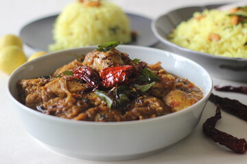 Homemade Lemon rice served with Kerala style chicken curry
