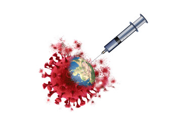 Creative Coronavirus, COVID-19 vaccine and syringe concept image on white background. Dispersion Effect.