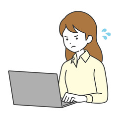 パソコンで仕事をするビジネスウーマン　頑張る　イラスト素材