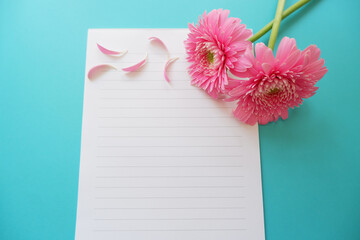 Pink flowers and blank letter paper on blue background. Spring and Summer greeting concept. Mother's day, Women's day, Birthday, celebration message, wedding. ガーベラと手紙、春、夏のフラワー背景、母の日背景