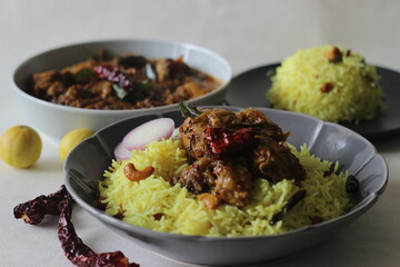 Homemade Lemon rice served with Kerala style chicken curry