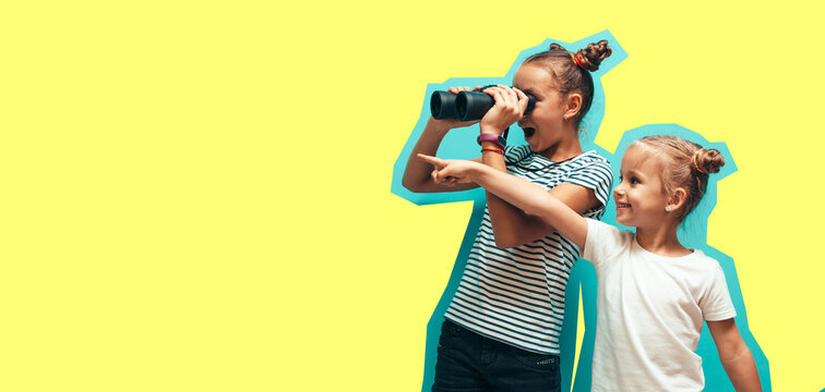 Two little sisters looks through binoculars to the side. Collage in magazine style. Flyer with trendy colors, copyspace for ad. Discount, sale, season sales. Modern design, creative artwork