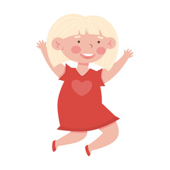 Cute little smiling blond girl in the red dress jumping. Cartoon vector illustration, isolated on a white