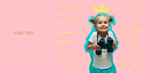 A little charismatic girl looks into binoculars. Collage in magazine style. Flyer with trendy colors, copyspace for ad. Discount, sale, season sales. Modern design, creative artwork