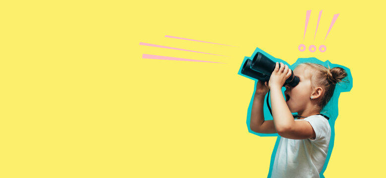 Naklejki A little charismatic girl looks into binoculars. Collage in magazine style. Flyer with trendy colors, copyspace for ad. Discount, sale, season sales. Modern design, creative artwork