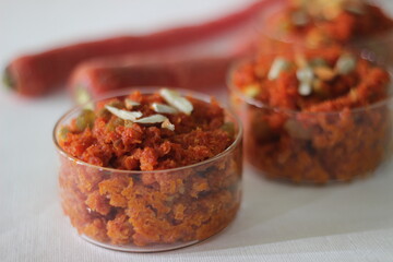 Carrot based sweet dessert pudding from the Indian subcontinent. Made with grated carrots, milk, sugar and cardamom. Also known as Gajar ka halwa.