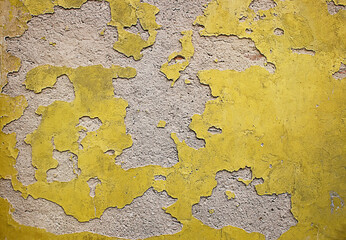 Texture of old yellow plaster wall. Distressed gray concrete wall with dirty yellow paint. Grunge yellow stucco wall background.