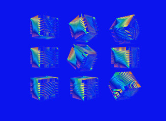 Abstract geometric rainbow cube collection vector illustration set on blue BG