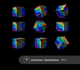 Abstract geometric rainbow cube collection vector illustration set on dark BG
