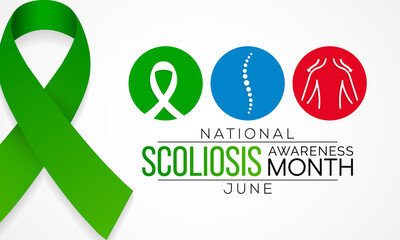 Scoliosis awareness month is observed every year in June, it is an abnormal lateral curvature of the spine. It is most often diagnosed in childhood or early adolescence. Vector illustration.