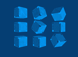 Abstract geometric cube collection vector illustration set on blue BG