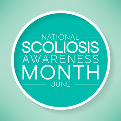 Scoliosis awareness month is observed every year in June, it is an abnormal lateral curvature of the spine. It is most often diagnosed in childhood or early adolescence. Vector illustration.