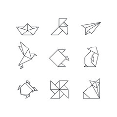 Vector Icon Set of Origami in minimalist black line style | Set of 9 Vector Icons | Paper Geometric Shapes isolated on white background
