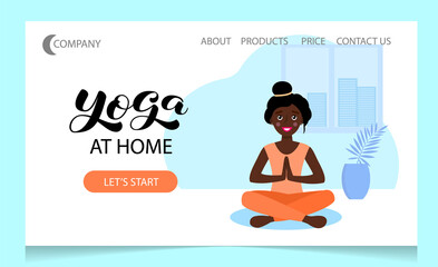 First page of the site. Yoga club. The girl is sitting in the lotus position in pink clothes. Vector stock illustration. Yoga lettering