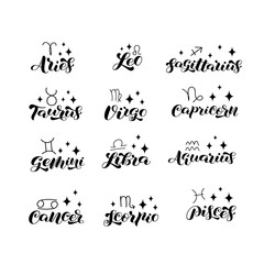 Collection of zodiac brush lettering. Zodiac symbols. Vector stock illustration for banner or clothes.