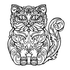 Cat black and white picture antistress for coloring. Hand drawn outline for adult coloring book Vector illustration design