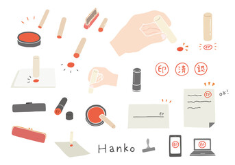 印鑑・ハンコ押印の手描きイラストセット（カラー/輪郭線なし）