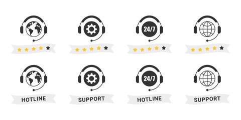 Technical support. Live chat icon with rating stars. Online web support. Hotline icons. Vector illustration
