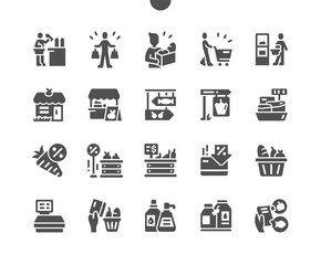 Grocery. Food supermarket. Shopping cart, scales, discount and sale. Fruit market. Food paper bag. Vector Solid Icons. Simple Pictogram