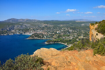 Stunning panoramic view from cliff Cap Canaille towards the bay of the town Cassis in...