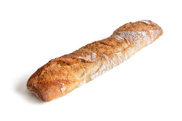 Rustic baguette with a crisp, golden crust on a white background