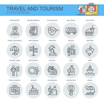 Travel and tourism. Vacation. Set of flat, vector, linear icons. The set contains icons such as excursions, port, travel agent, restaurant, gallery, all inclusive and others.
