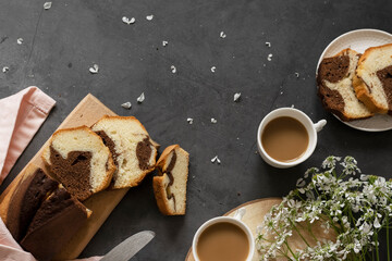 Delicious homemade marble pound cake and milk coffee