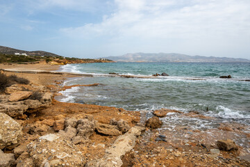 Fototapeta na wymiar Soros beach on Antiparos Island. A wonderful beach with azure waters. Cyclades, Greece