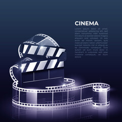 Fototapeta na wymiar Illustration for the film industry. Popcorn, reel, film and clapperboard on a white background. Highly detailed illustration