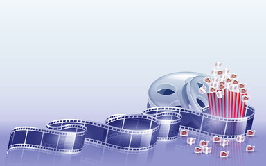 Online cinema, cinema concept banner, strip cinematography, cinematograph, popcorn for movie theater and online cinema, reel with film,