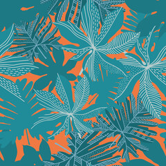 Vector seamless pattern of tropical plants. Trending colors leaves background. Textile sketch, background, wrapping paper, design, packaging. Eps 10.