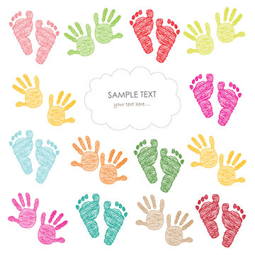 Colorful baby girl and boy foot and hand print arrival greeting card